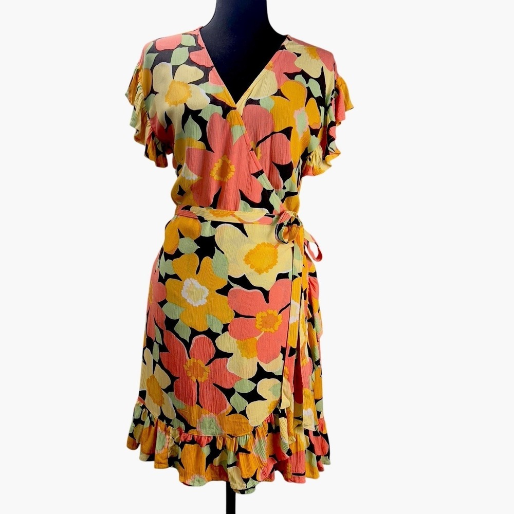 BILLABONG Wrap And Roll Yellow Pink Floral Ruffle Coquette Flirty Mini Dress NEW